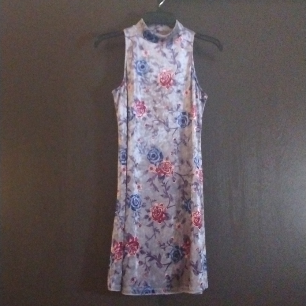 Silver Velvet Midi Dress With Floral Design.